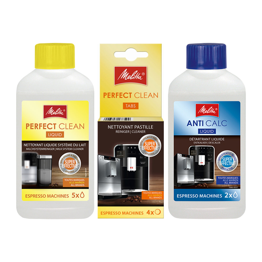 Melitta Perfect Clean Liquid Cleaner and Tabs & Anti Calc Espresso Machine  Liquid Descaler